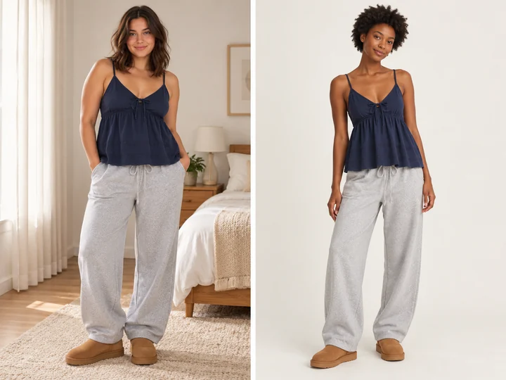 Illustrative AI previews of two women wearing the same navy top, grey trousers and tan boots