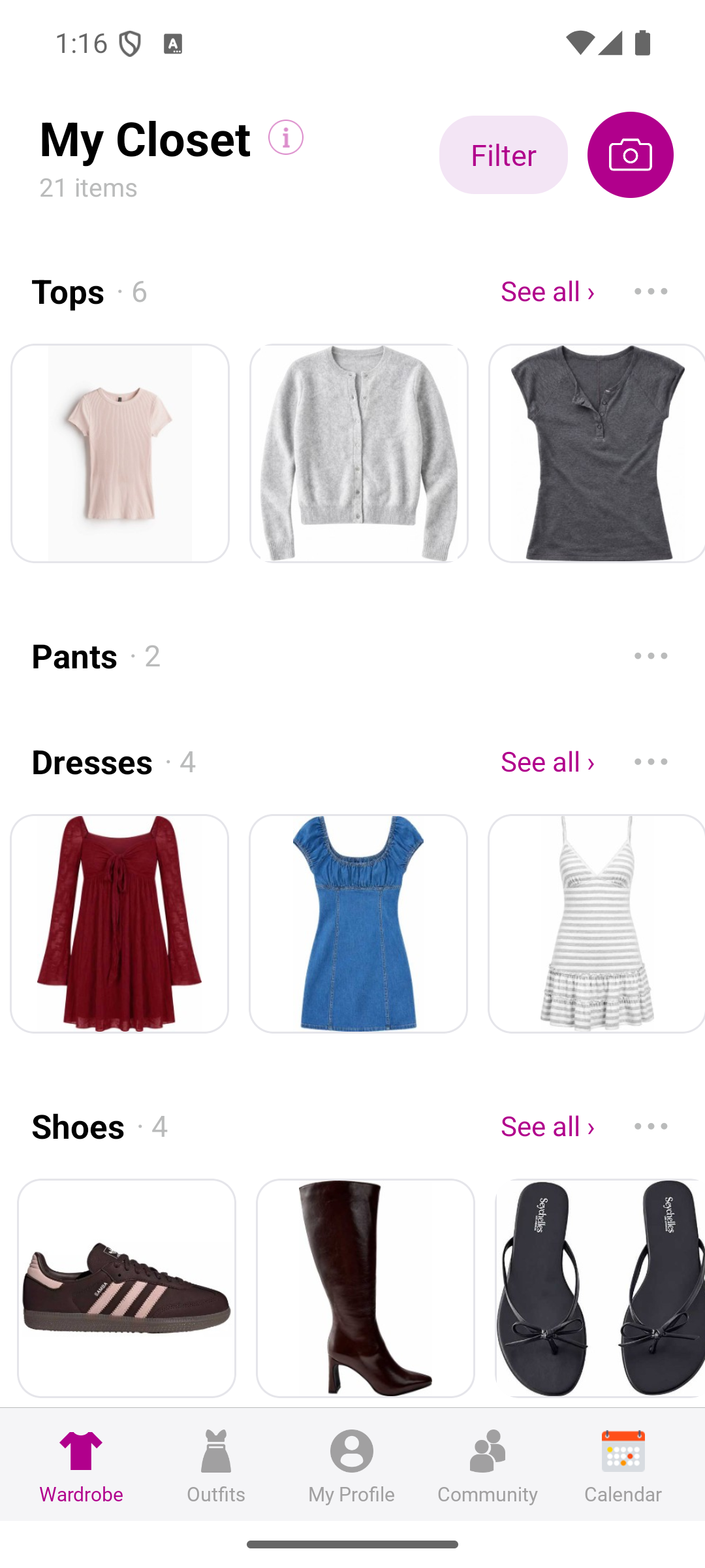 Pureple Android closet showing clothing grouped by category