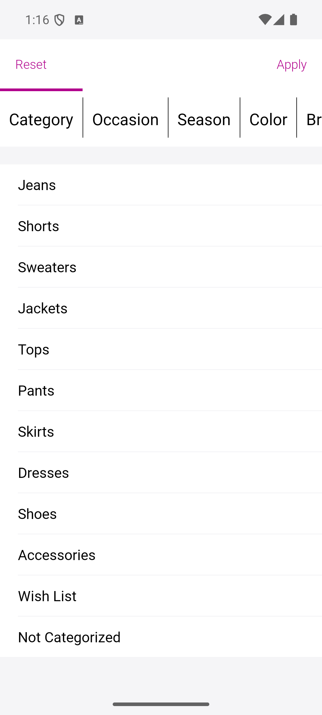 Wardrobe filters in Pureple for Android