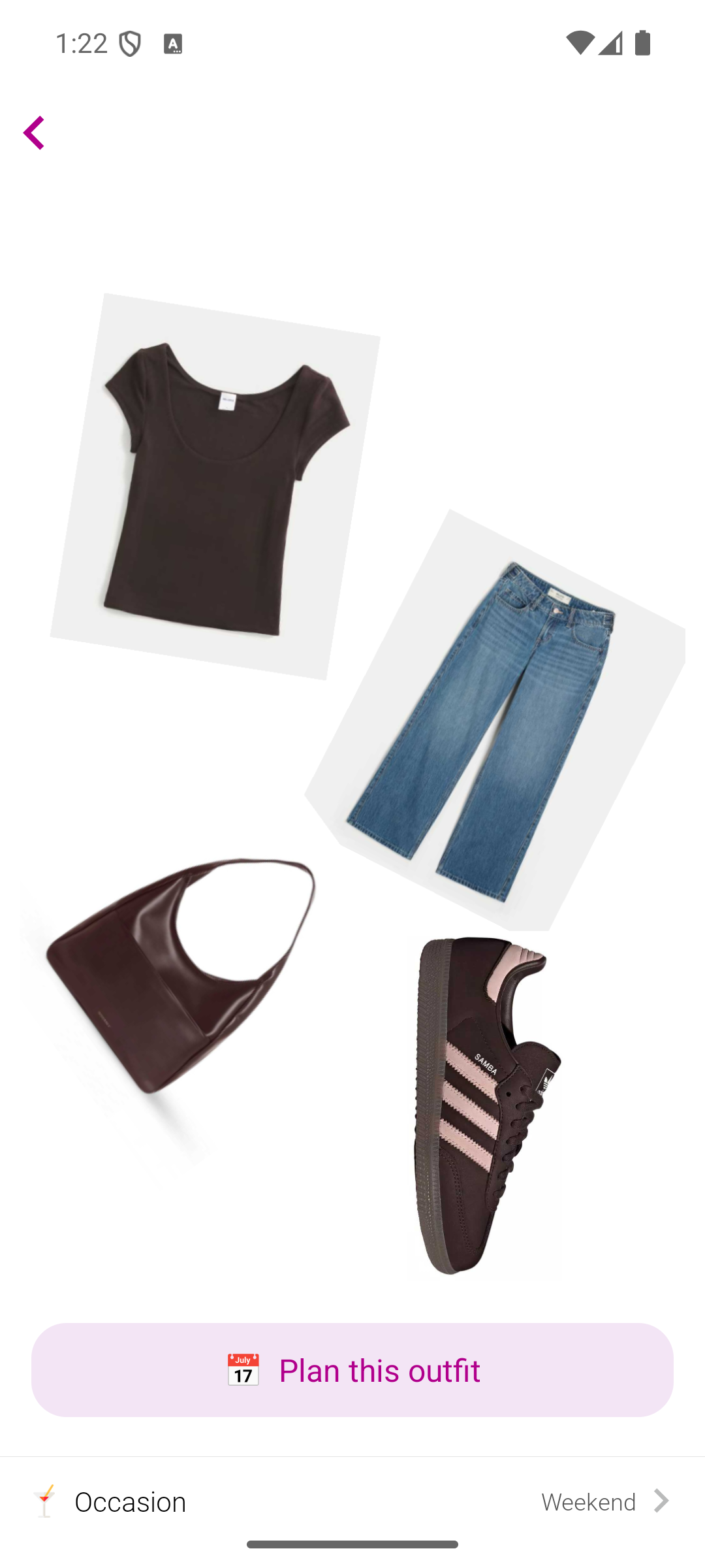 A saved Pureple outfit with a brown top, blue jeans, a bag and sneakers