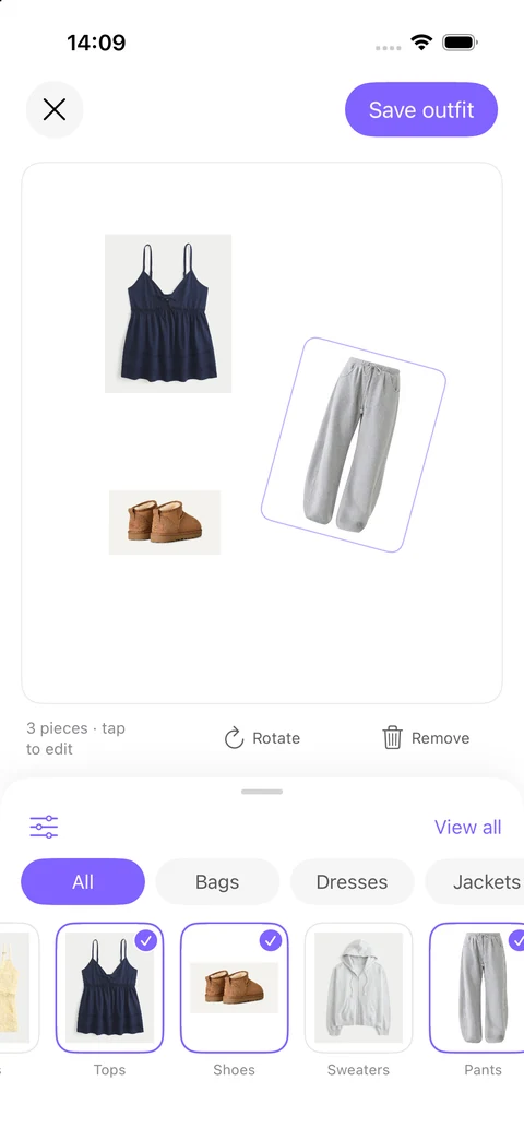 Pureple iOS Create Outfit canvas with a navy top, gray trousers and boots