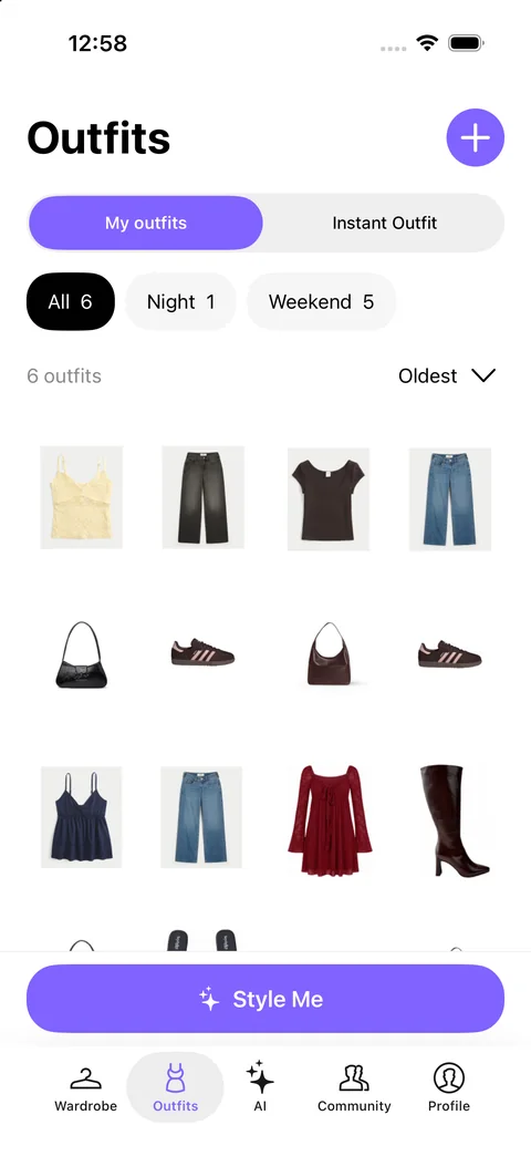 Pureple iOS saved outfit gallery with occasion filters and the Style Me button