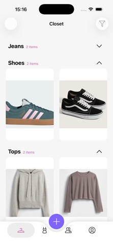 Pureple digital closet showing shoes and tops organized by category